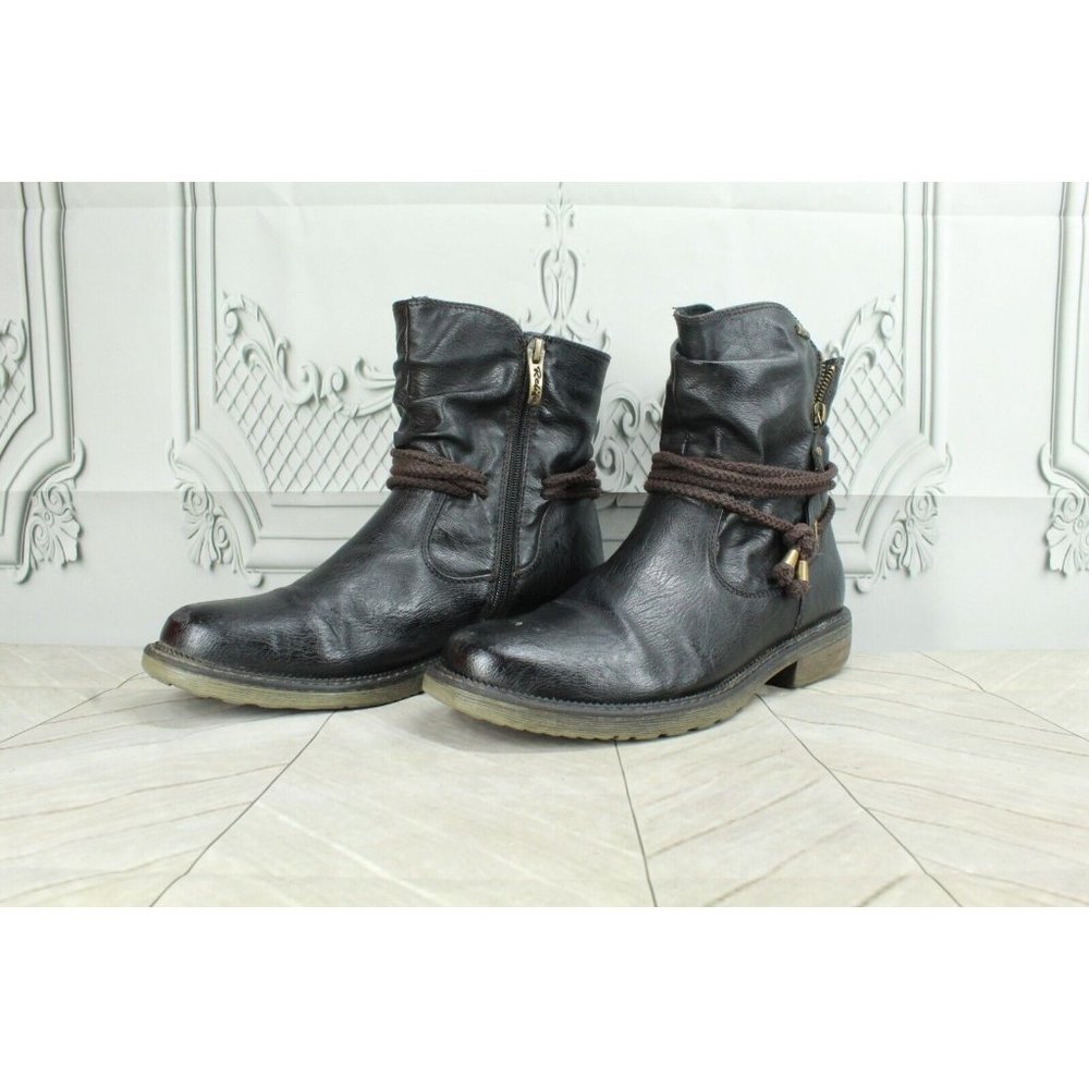 Relife Black Leather Side Zip Pull-on Casual Ankle Booties Size 7 - Picture 2 of 10